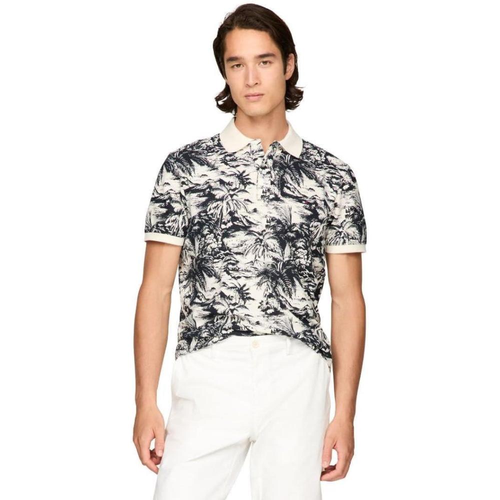 imageTommy Hilfiger Mens Short Sleeve Linen Polo Shirts in Regular Fit with Tropical Print DesignsDesert Sky Ivory Petal