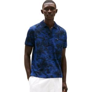 Tommy Hilfiger Men’s Short Sleeve Linen Polo Shirts in Regular Fit with Tropical Print Designs(Desert Sky / Dark Navy)
