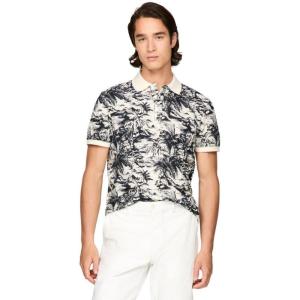 Tommy Hilfiger Men’s Short Sleeve Linen Polo Shirts in Regular Fit with Tropical Print Designs(Desert Sky / Ivory Petal)