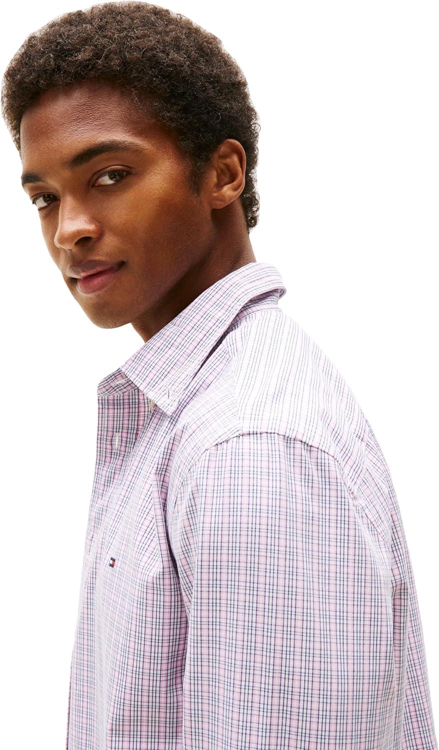 imageTommy Hilfiger Mens Long Sleeve Poplin Shirts in Regular Fit Mens Button Down Shirts Also Available in Big and TallClassic Pink Multi Check