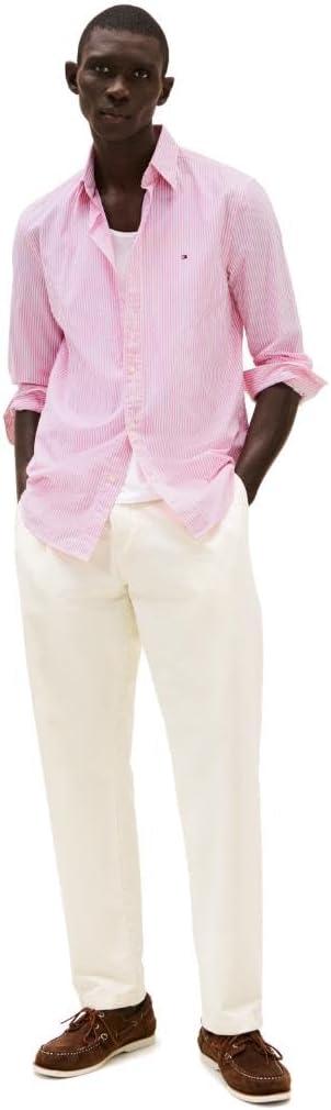 imageTommy Hilfiger Mens Long Sleeve Poplin Shirts in Regular Fit Mens Button Down Shirts Also Available in Big and TallClassic Pink Optic White Stripe