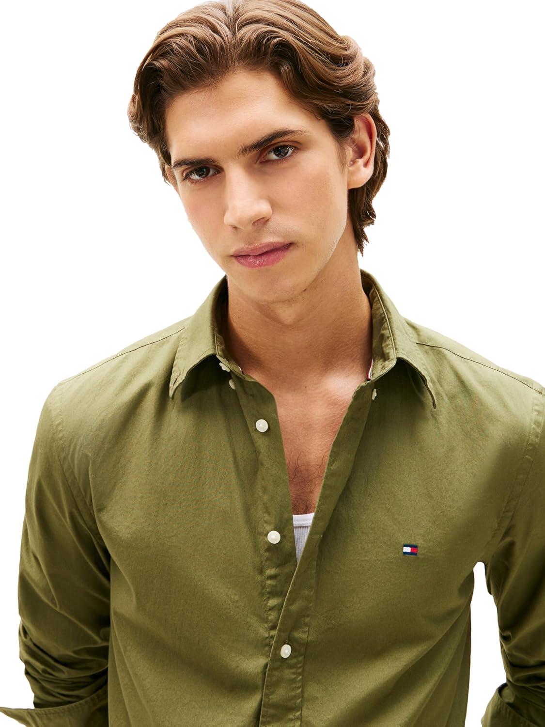 imageTommy Hilfiger Mens Long Sleeve Poplin Shirts in Regular Fit Mens Button Down Shirts Also Available in Big and TallDark Artichoke