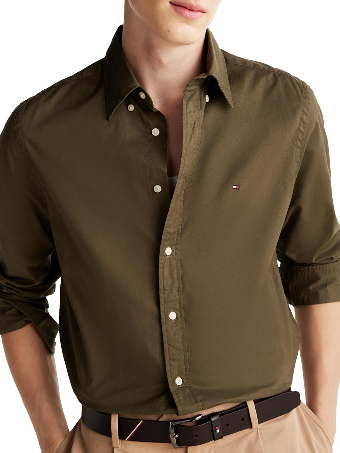 imageTommy Hilfiger Mens Long Sleeve Poplin Shirts in Regular Fit Mens Button Down Shirts Also Available in Big and TallDark Green