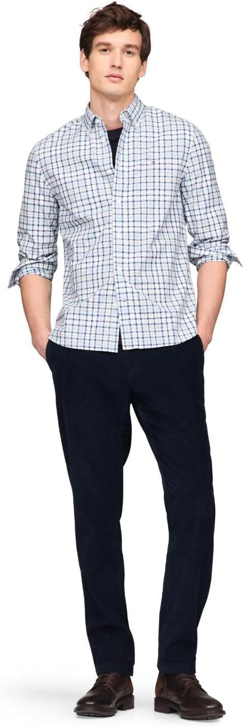 imageTommy Hilfiger Mens Long Sleeve Poplin Shirts in Regular Fit Mens Button Down Shirts Also Available in Big and TallDeep Indigo Breezy Blue Check