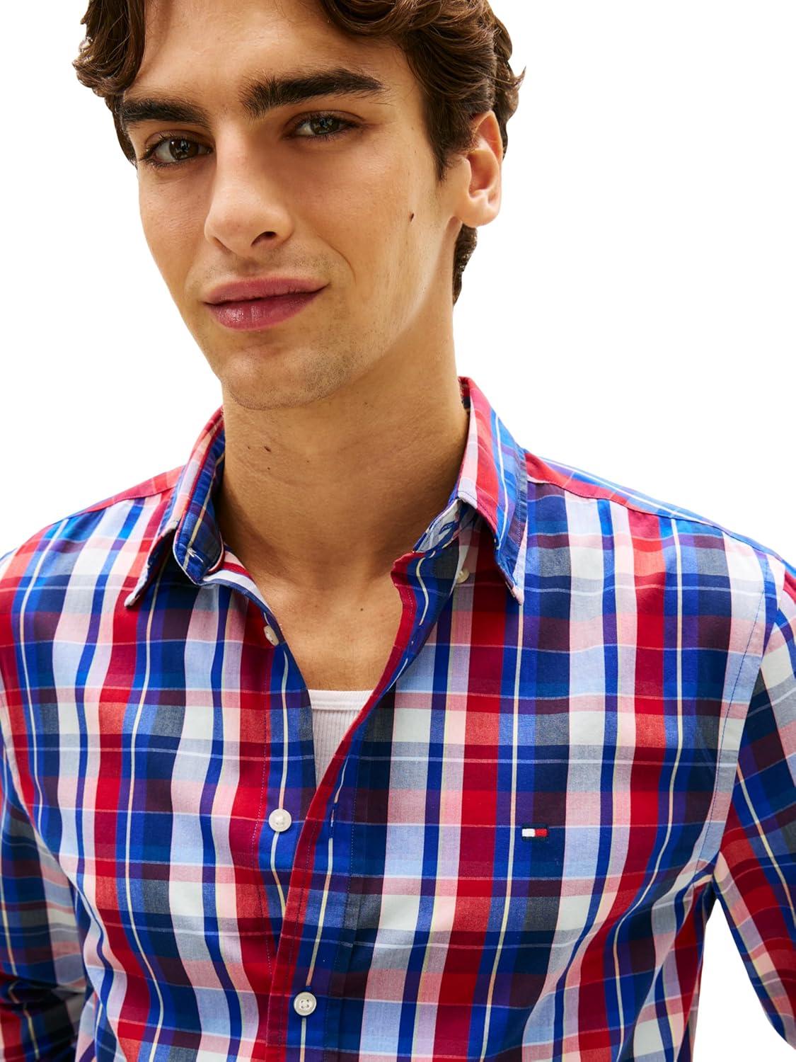 imageTommy Hilfiger Mens Long Sleeve Poplin Shirts in Regular Fit Mens Button Down Shirts Also Available in Big and TallMedium Red Multi Check