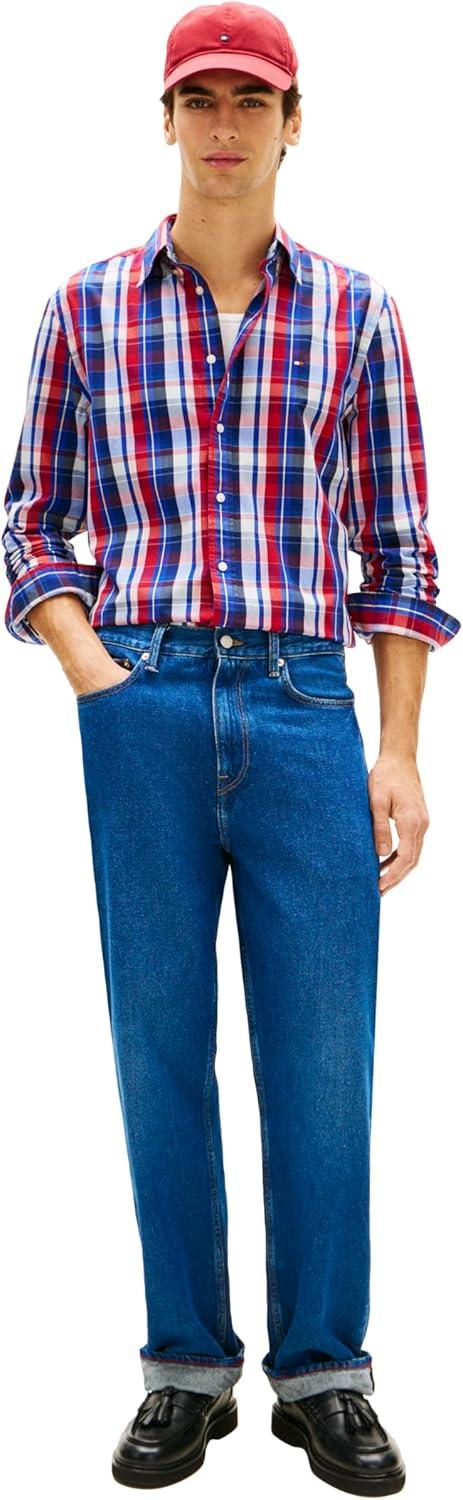 imageTommy Hilfiger Mens Long Sleeve Poplin Shirts in Regular Fit Mens Button Down Shirts Also Available in Big and TallMedium Red Multi Check