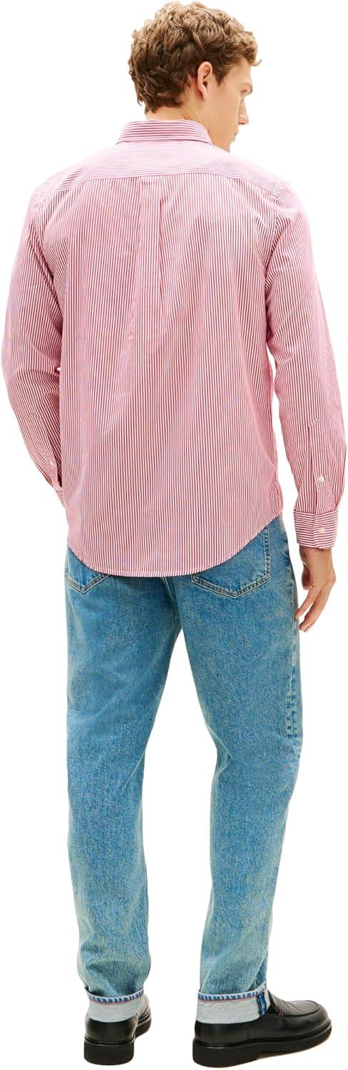 imageTommy Hilfiger Mens Long Sleeve Poplin Shirts in Regular Fit Mens Button Down Shirts Also Available in Big and TallMedium Red White Stripe
