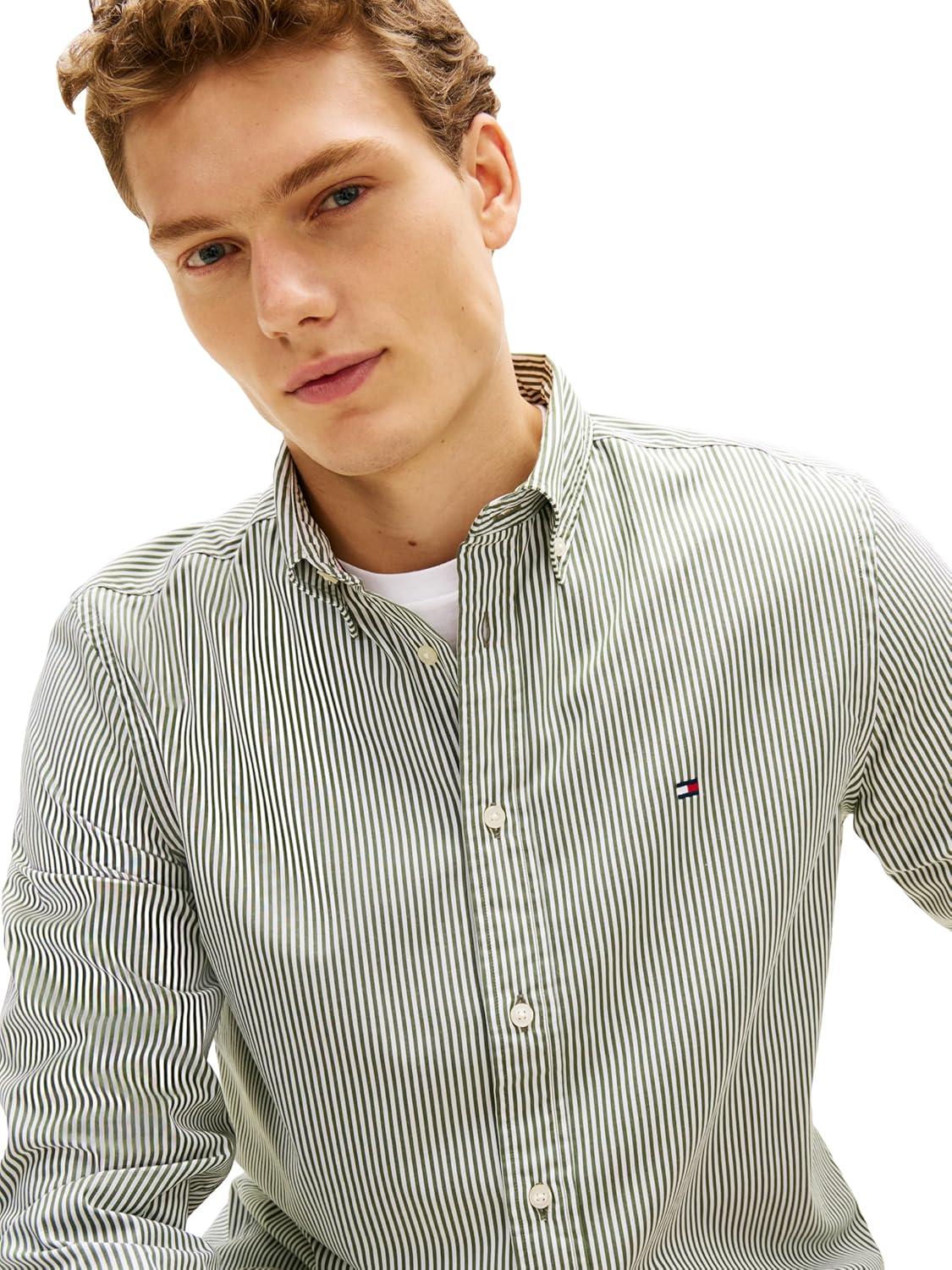 imageTommy Hilfiger Mens Long Sleeve Poplin Shirts in Regular Fit Mens Button Down Shirts Also Available in Big and TallMountain Pine White Stripe