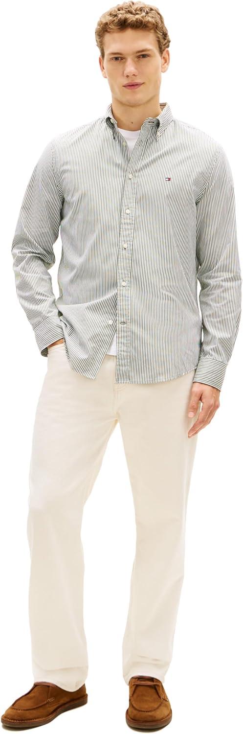 imageTommy Hilfiger Mens Long Sleeve Poplin Shirts in Regular Fit Mens Button Down Shirts Also Available in Big and TallMountain Pine White Stripe
