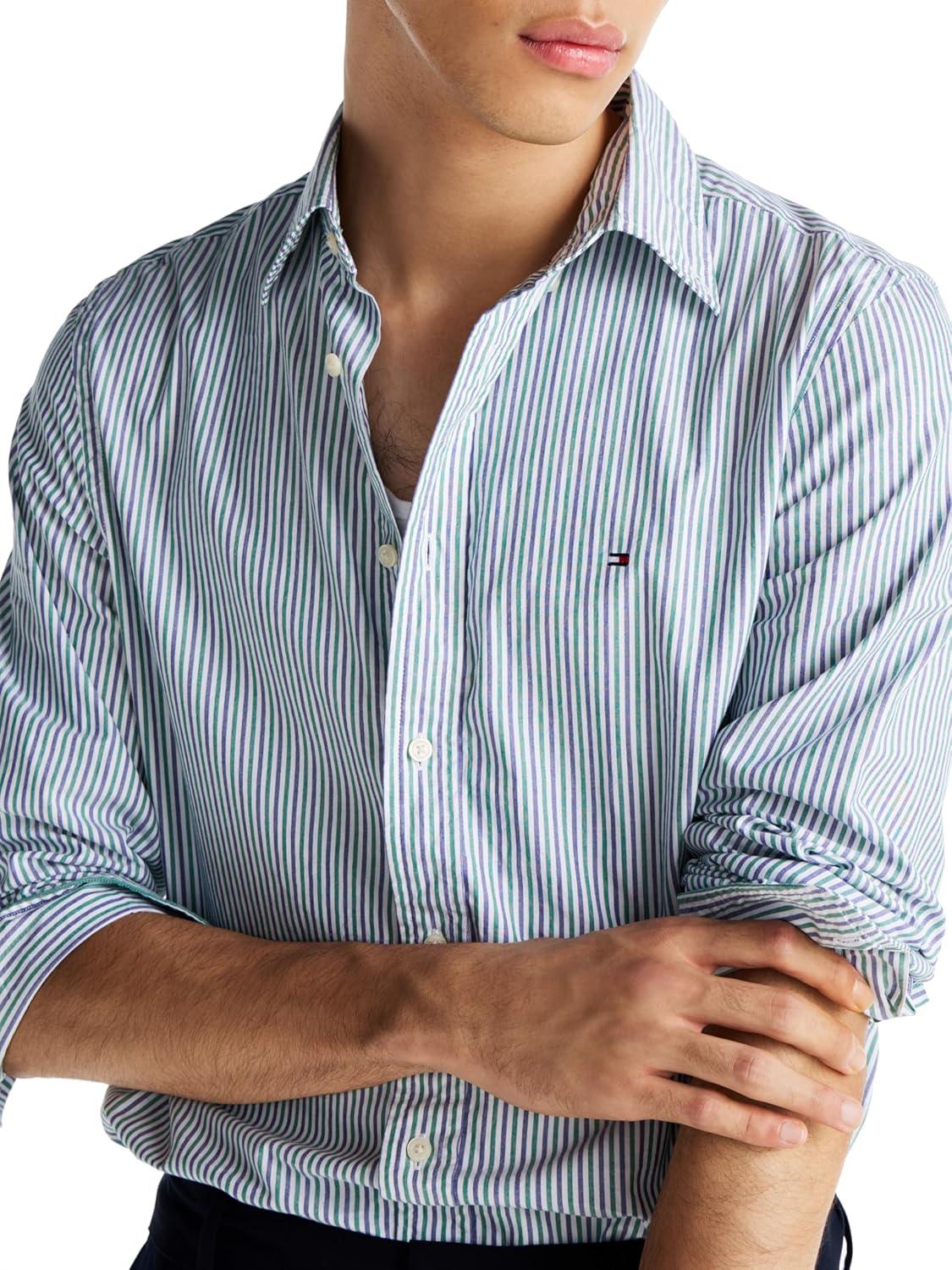 imageTommy Hilfiger Mens Long Sleeve Poplin Shirts in Regular Fit Mens Button Down Shirts Also Available in Big and TallNouveau Green Multi