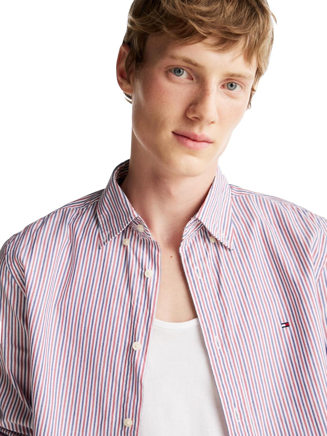 imageTommy Hilfiger Mens Long Sleeve Poplin Shirts in Regular Fit Mens Button Down Shirts Also Available in Big and TallRegatta Red Multi Stripe