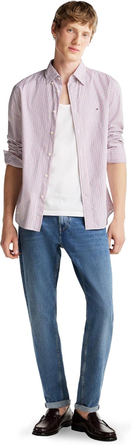 imageTommy Hilfiger Mens Long Sleeve Poplin Shirts in Regular Fit Mens Button Down Shirts Also Available in Big and TallRegatta Red Multi Stripe