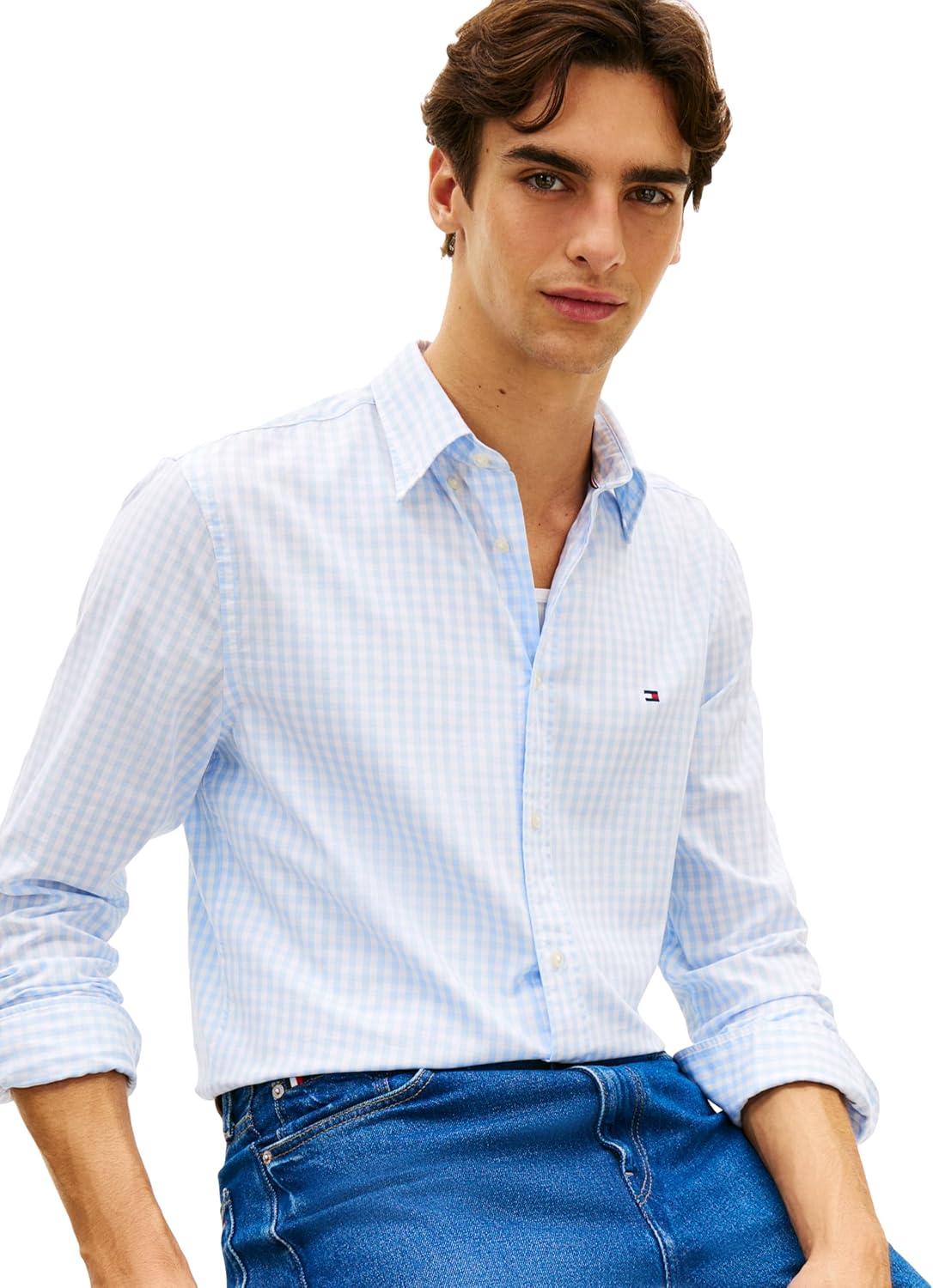 imageTommy Hilfiger Mens Long Sleeve Poplin Shirts in Regular Fit Mens Button Down Shirts Also Available in Big and TallSweet Blue White Check