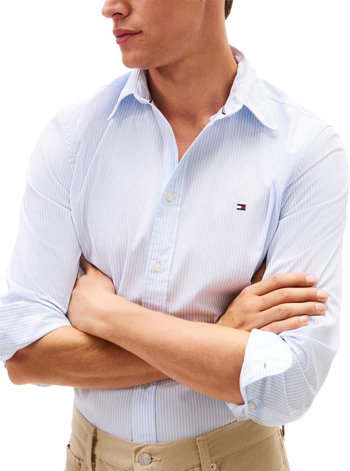 imageTommy Hilfiger Mens Long Sleeve Poplin Shirts in Regular Fit Mens Button Down Shirts Also Available in Big and TallSweet Blue White Stripe