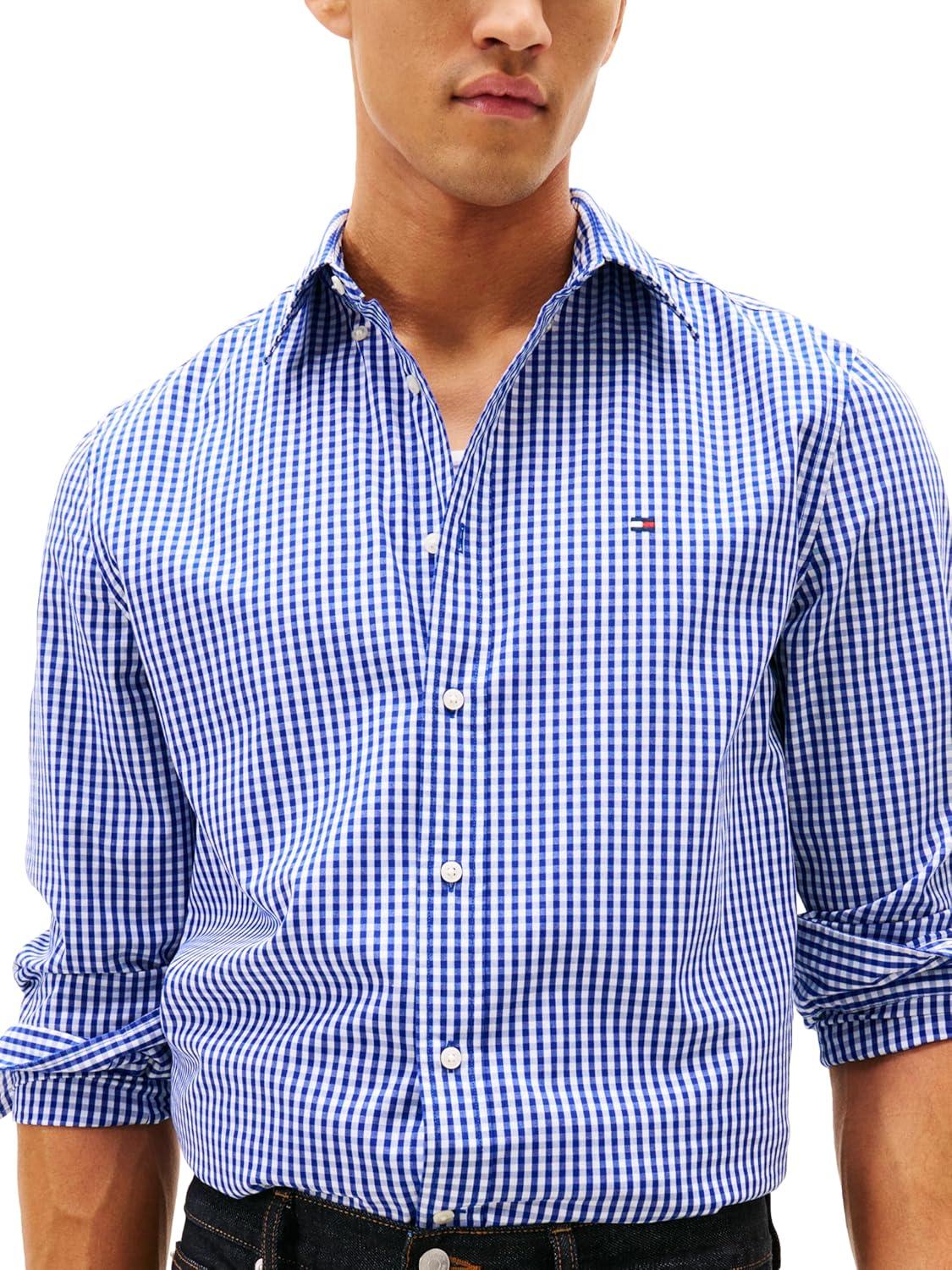 imageTommy Hilfiger Mens Long Sleeve Poplin Shirts in Regular Fit Mens Button Down Shirts Also Available in Big and TallWedge Blue White Check