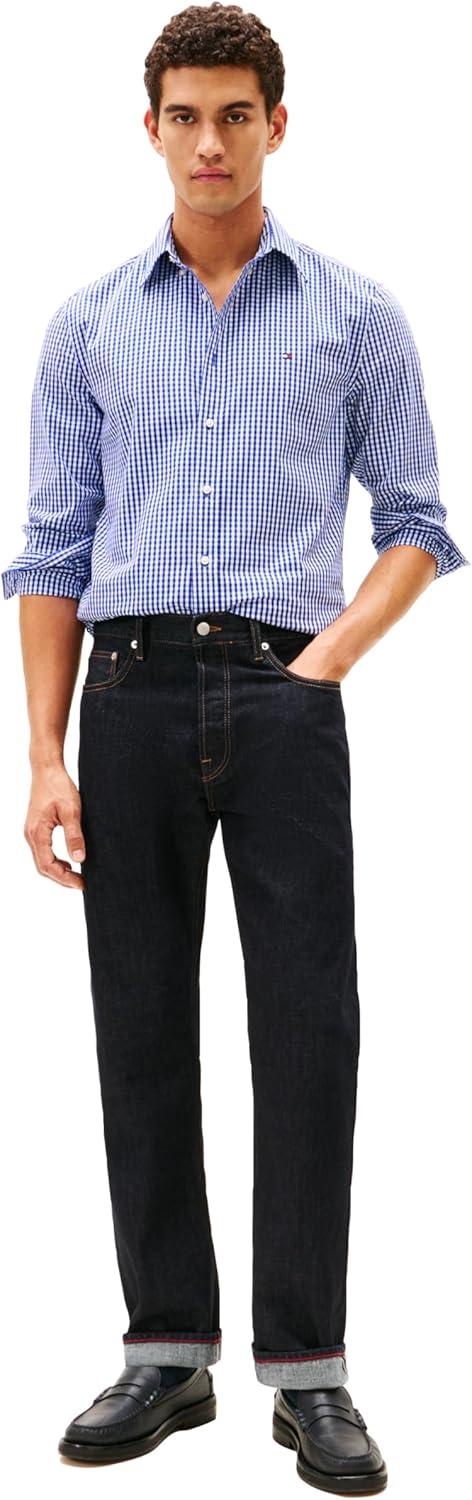 imageTommy Hilfiger Mens Long Sleeve Poplin Shirts in Regular Fit Mens Button Down Shirts Also Available in Big and TallWedge Blue White Check