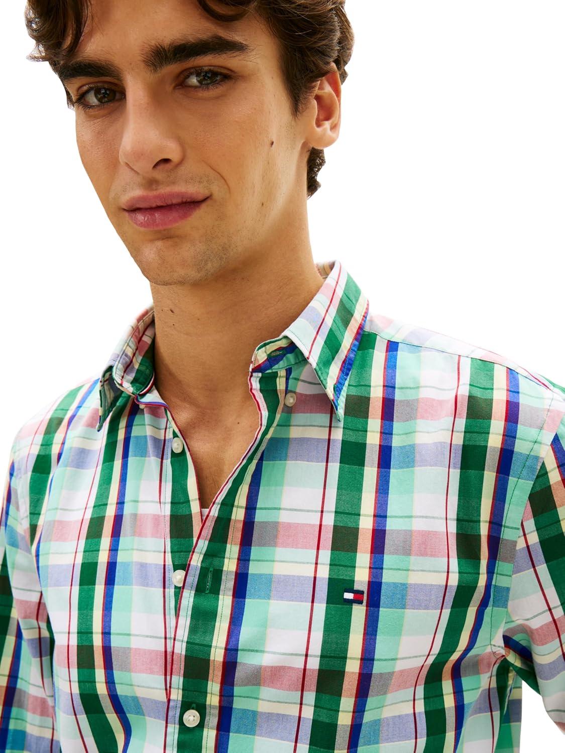imageTommy Hilfiger Mens Long Sleeve Poplin Shirts in Regular Fit Mens Button Down Shirts Also Available in Big and TallWhite Multi Check