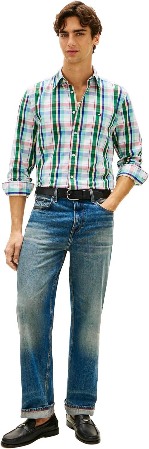 imageTommy Hilfiger Mens Long Sleeve Poplin Shirts in Regular Fit Mens Button Down Shirts Also Available in Big and TallWhite Multi Check