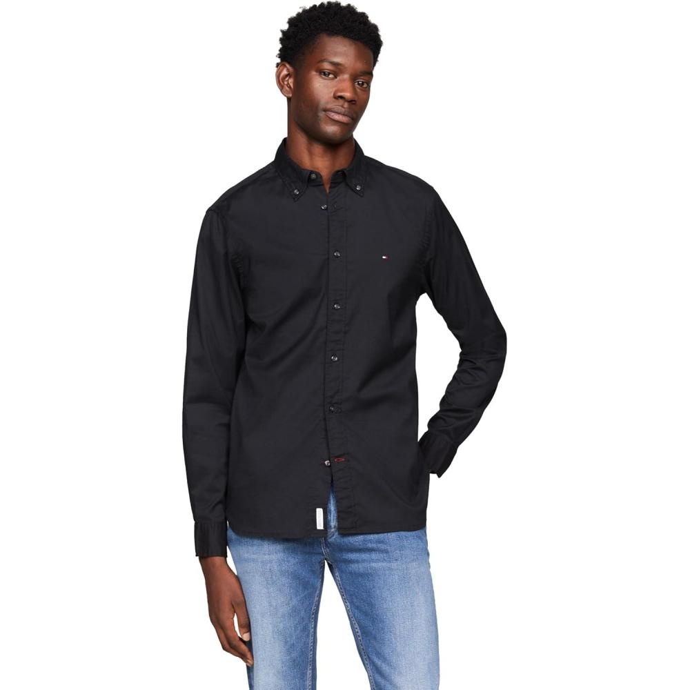 imageTommy Hilfiger Mens Long Sleeve Poplin Shirts in Regular Fit Mens Button Down Shirts Also Available in Big and TallBlack