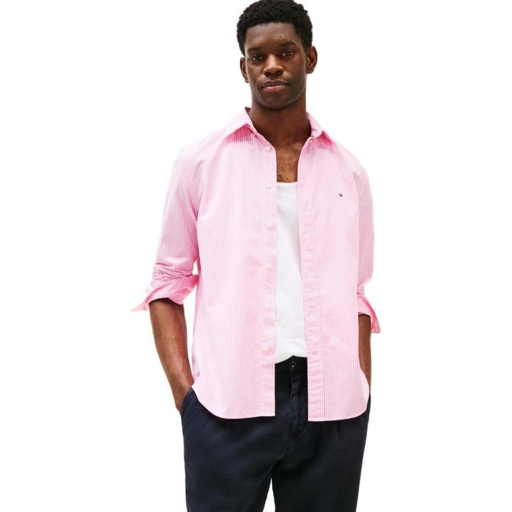 imageTommy Hilfiger Mens Long Sleeve Poplin Shirts in Regular Fit Mens Button Down Shirts Also Available in Big and TallClassic Pink Optic White Gingham