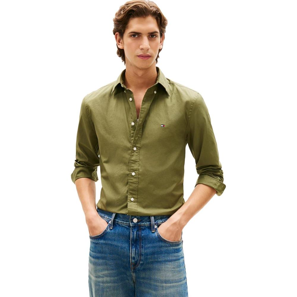 imageTommy Hilfiger Mens Long Sleeve Poplin Shirts in Regular Fit Mens Button Down Shirts Also Available in Big and TallDark Artichoke