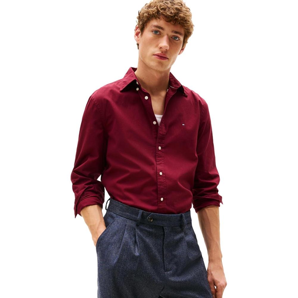 imageTommy Hilfiger Mens Long Sleeve Poplin Shirts in Regular Fit Mens Button Down Shirts Also Available in Big and TallDeep Rouge