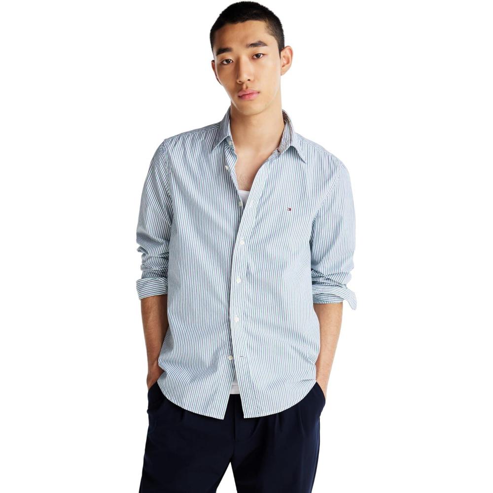 imageTommy Hilfiger Mens Long Sleeve Poplin Shirts in Regular Fit Mens Button Down Shirts Also Available in Big and TallNouveau Green  Multi