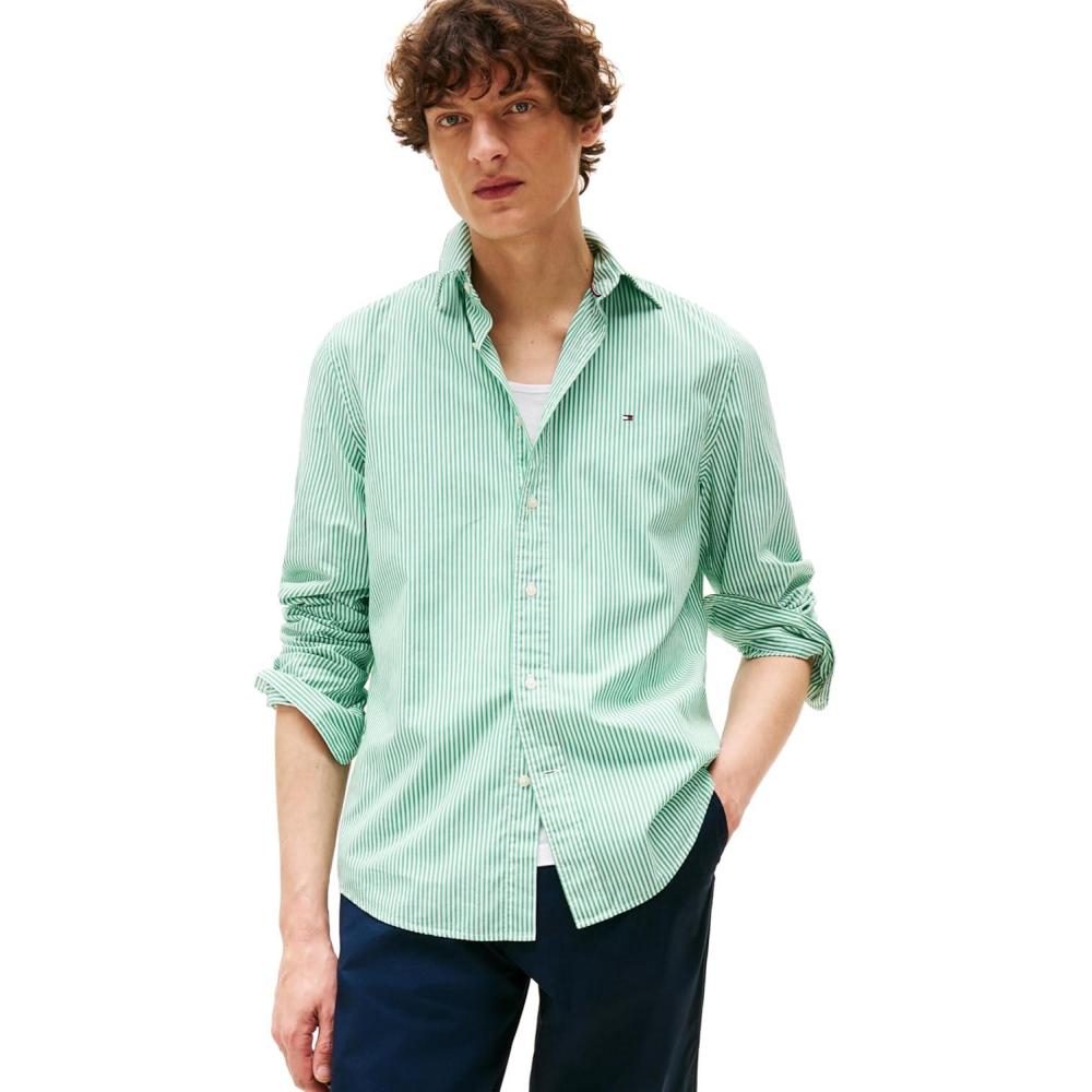 imageTommy Hilfiger Mens Long Sleeve Poplin Shirts in Regular Fit Mens Button Down Shirts Also Available in Big and TallOlympic Green Optic White Stripe