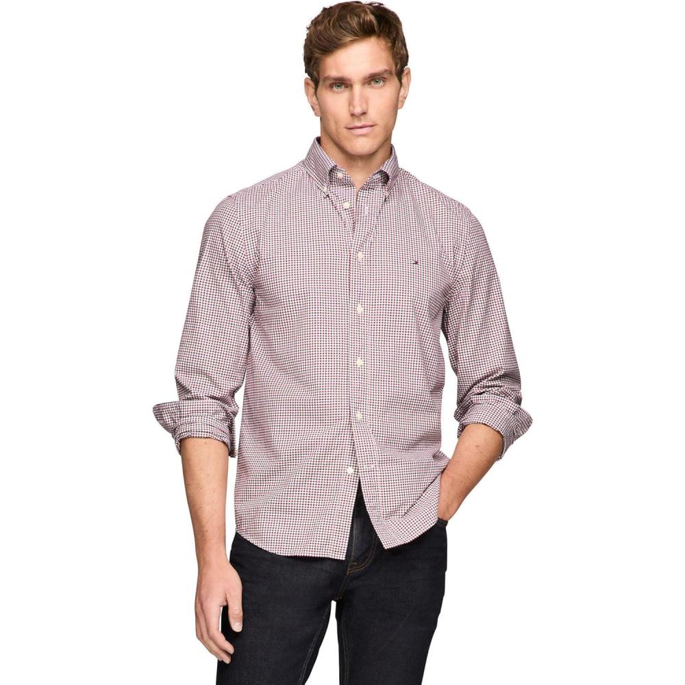 imageTommy Hilfiger Mens Long Sleeve Poplin Shirts in Regular Fit Mens Button Down Shirts Also Available in Big and TallRegatta Red Multi