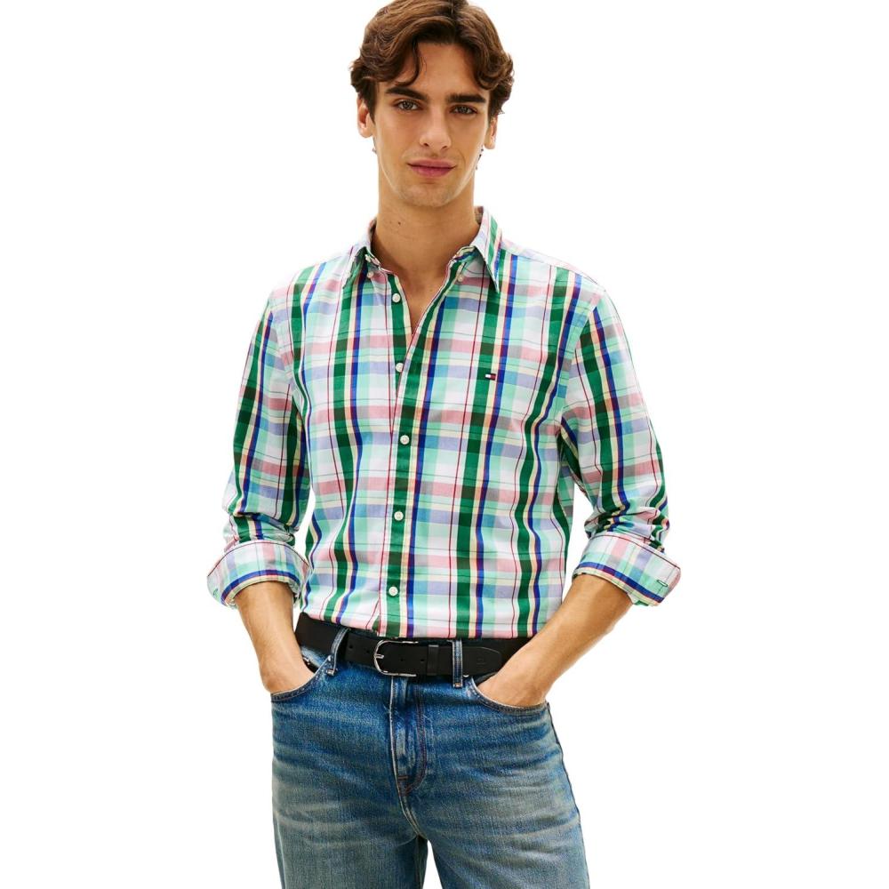 imageTommy Hilfiger Mens Long Sleeve Poplin Shirts in Regular Fit Mens Button Down Shirts Also Available in Big and TallWhite  Multi Check