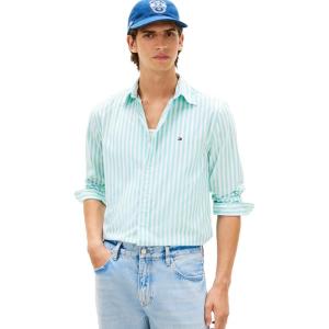 Tommy Hilfiger Men’s Long Sleeve Poplin Shirts in Regular Fit, Men’s Button Down Shirts, Also Available in Big and Tall(Arctic Aqua / Stripe)
