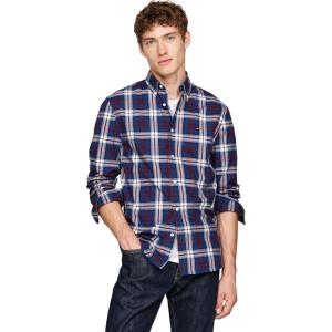 Tommy Hilfiger Men’s Long Sleeve Poplin Shirts in Regular Fit, Men’s Button Down Shirts, Also Available in Big and Tall(Deep Indigo / Rouge Check)