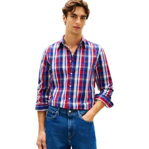 Tommy Hilfiger Men’s Long Sleeve Poplin Shirts in Regular Fit, Men’s Button Down Shirts, Also Available in Big and Tall(Medium Red / Multi Check)