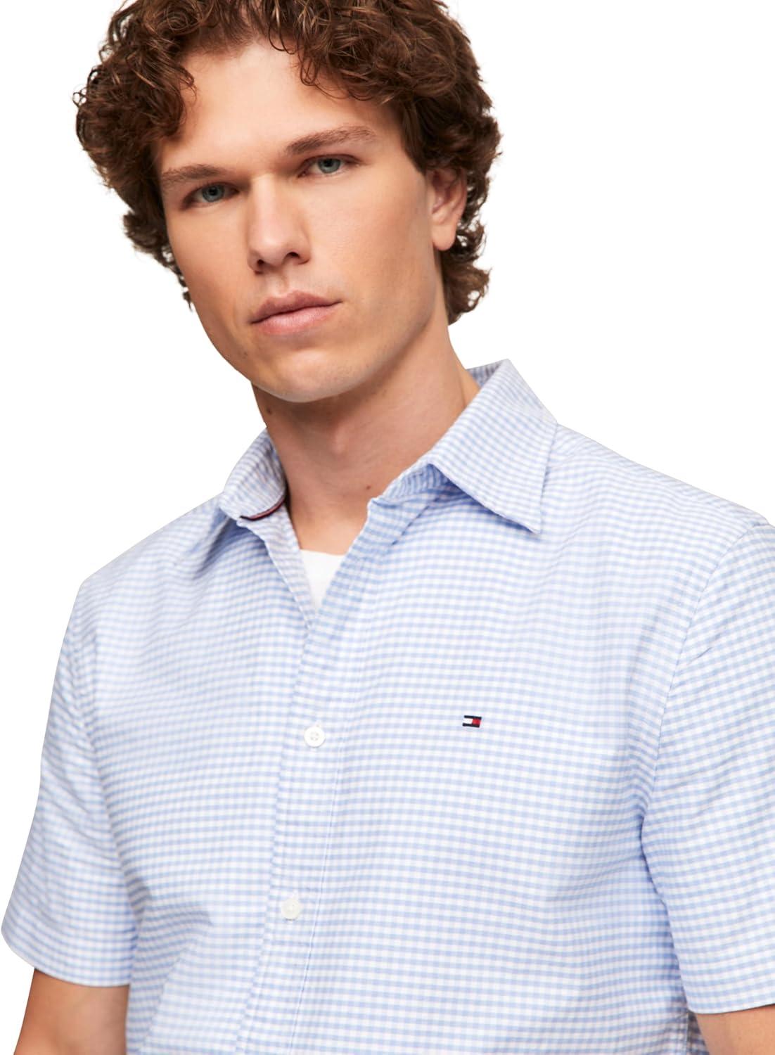 imageTommy Hilfiger Mens Short Sleeve Oxford Shirts in Regular Fit Mens Button Down ShirtsCloudy Blue Check