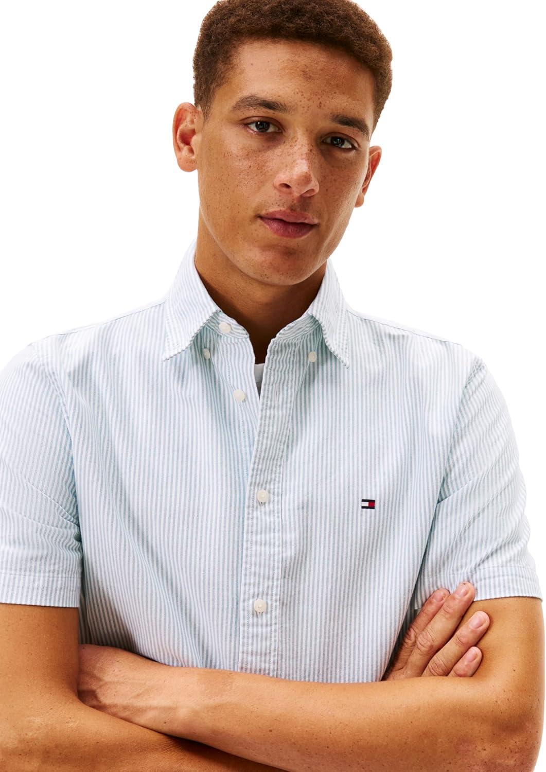 imageTommy Hilfiger Mens Short Sleeve Oxford Shirts in Regular Fit Mens Button Down ShirtsDeep Ocean Stripe