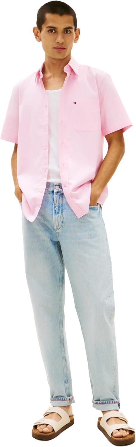 imageTommy Hilfiger Mens Short Sleeve Oxford Shirts in Regular Fit Mens Button Down ShirtsLight Pink