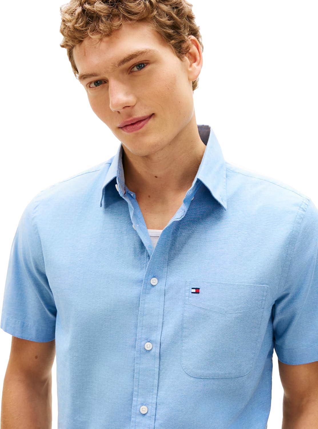 imageTommy Hilfiger Mens Short Sleeve Oxford Shirts in Regular Fit Mens Button Down ShirtsMedium Blue