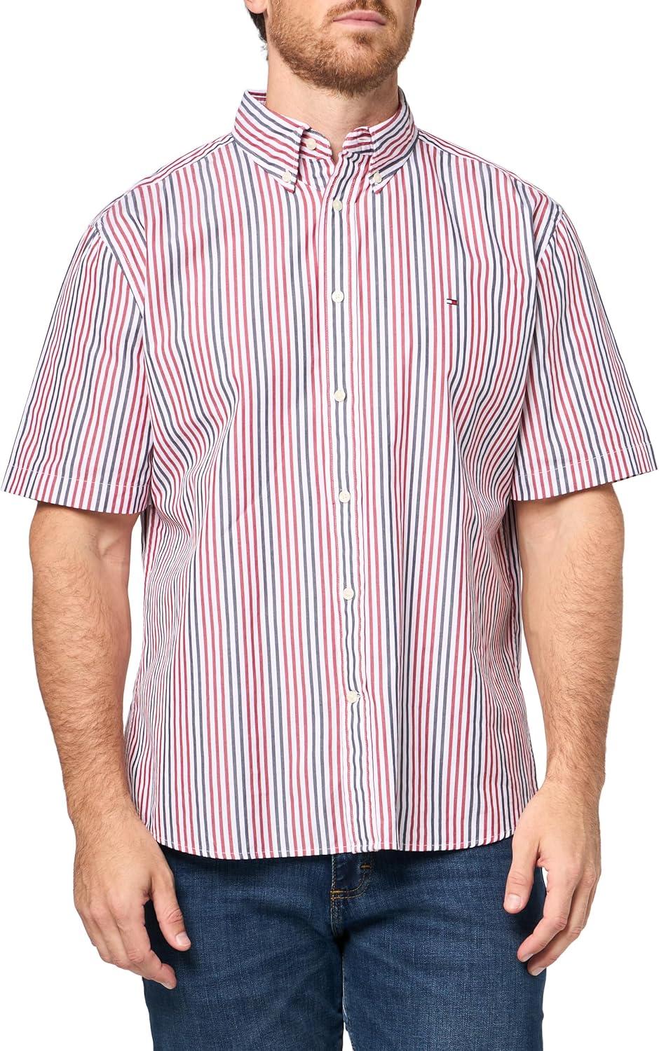 imageTommy Hilfiger Mens Short Sleeve Oxford Shirts in Regular Fit Mens Button Down ShirtsMedium Red Multi