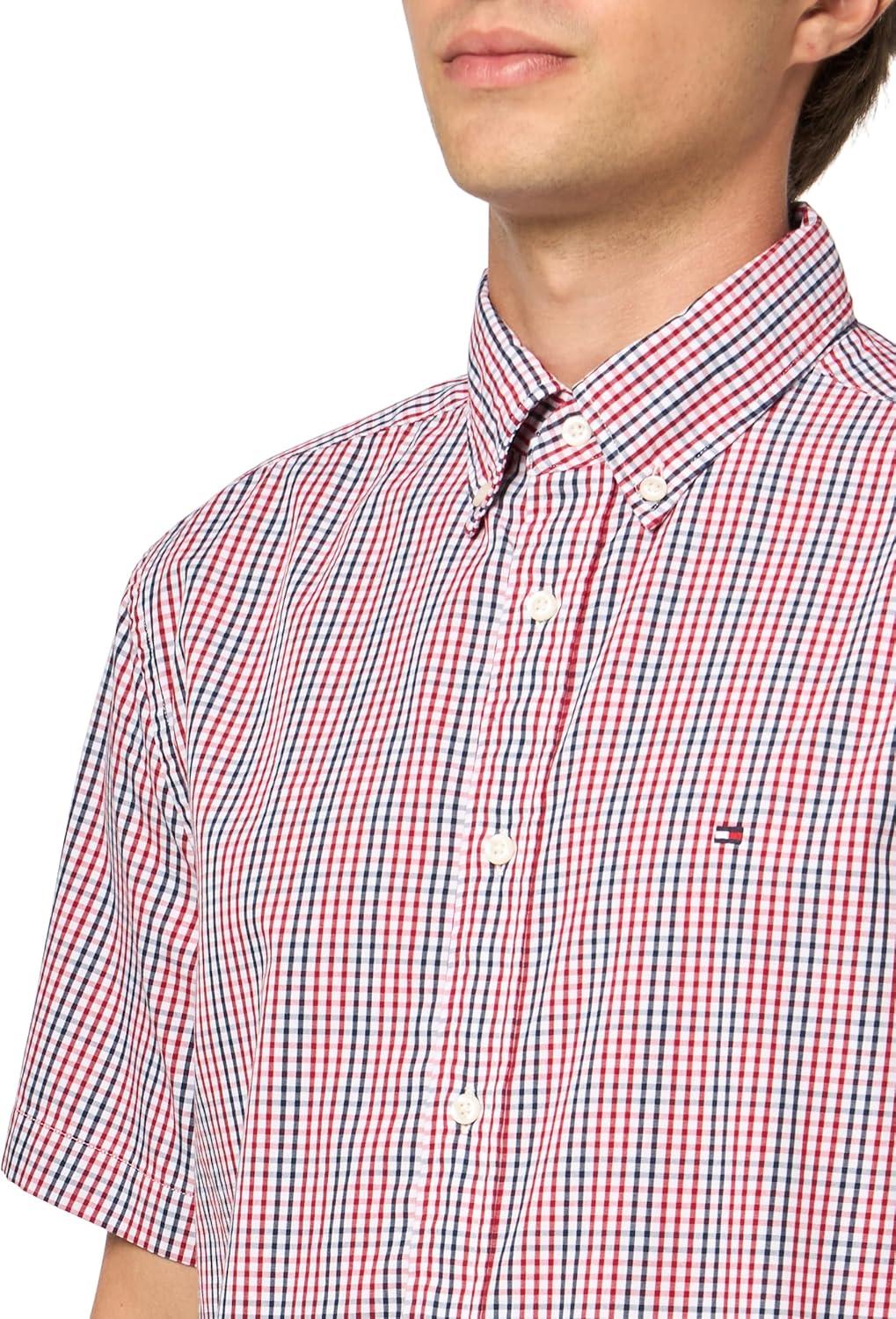 imageTommy Hilfiger Mens Short Sleeve Oxford Shirts in Regular Fit Mens Button Down ShirtsMedium Red Multi Check