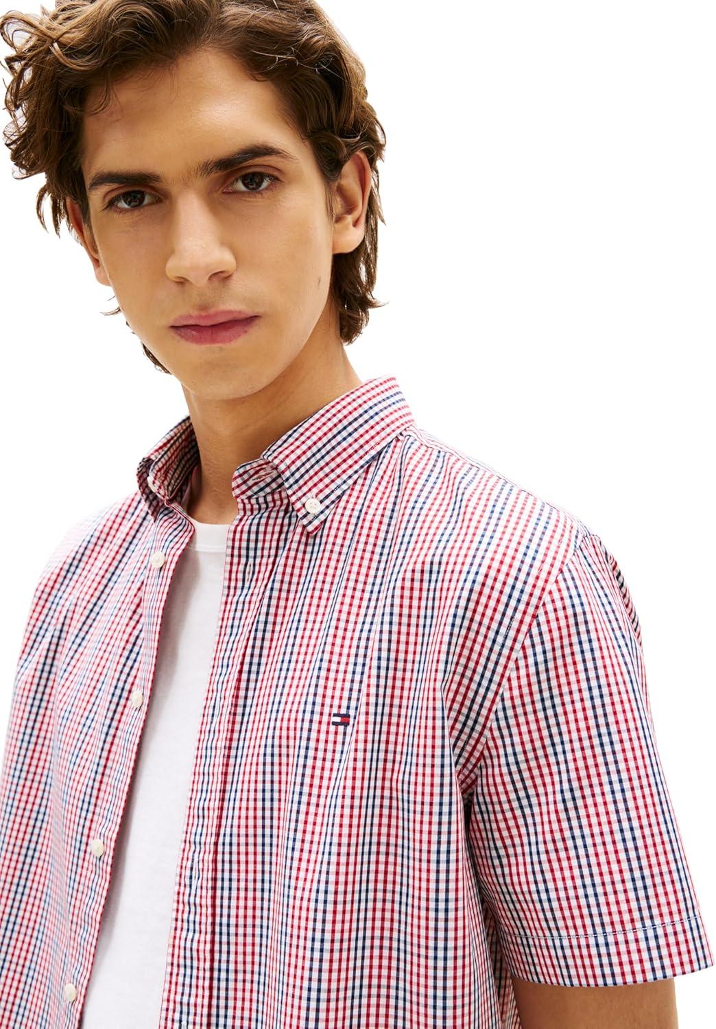 imageTommy Hilfiger Mens Short Sleeve Oxford Shirts in Regular Fit Mens Button Down ShirtsMedium Red Multi Check