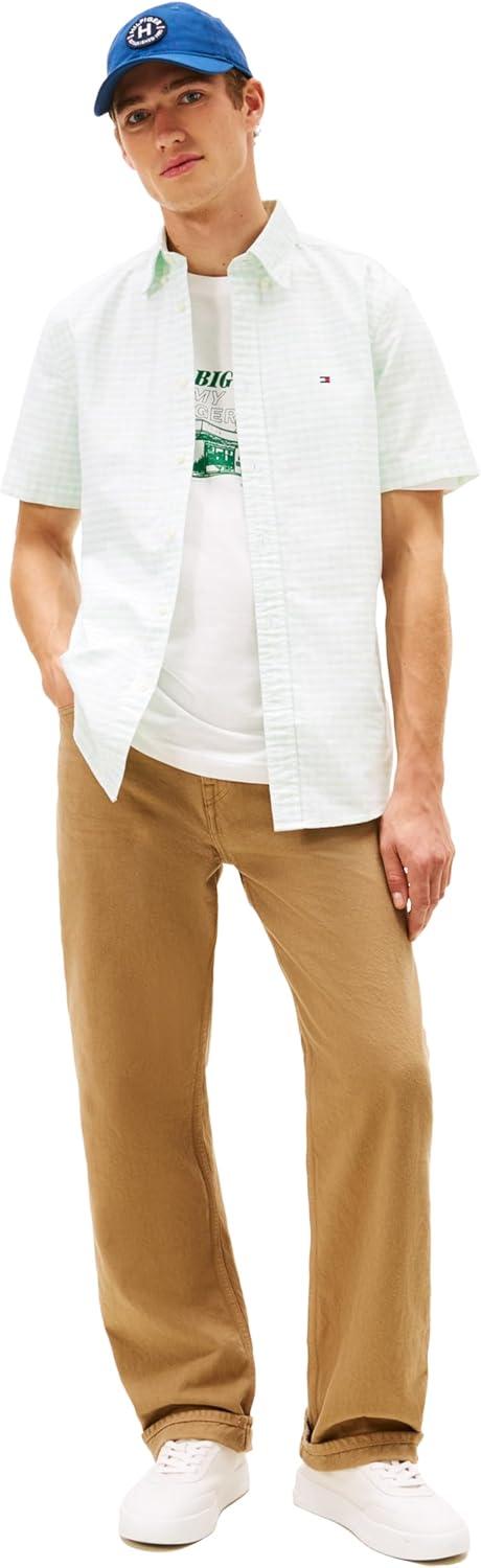 imageTommy Hilfiger Mens Short Sleeve Oxford Shirts in Regular Fit Mens Button Down ShirtsOpal Green Check