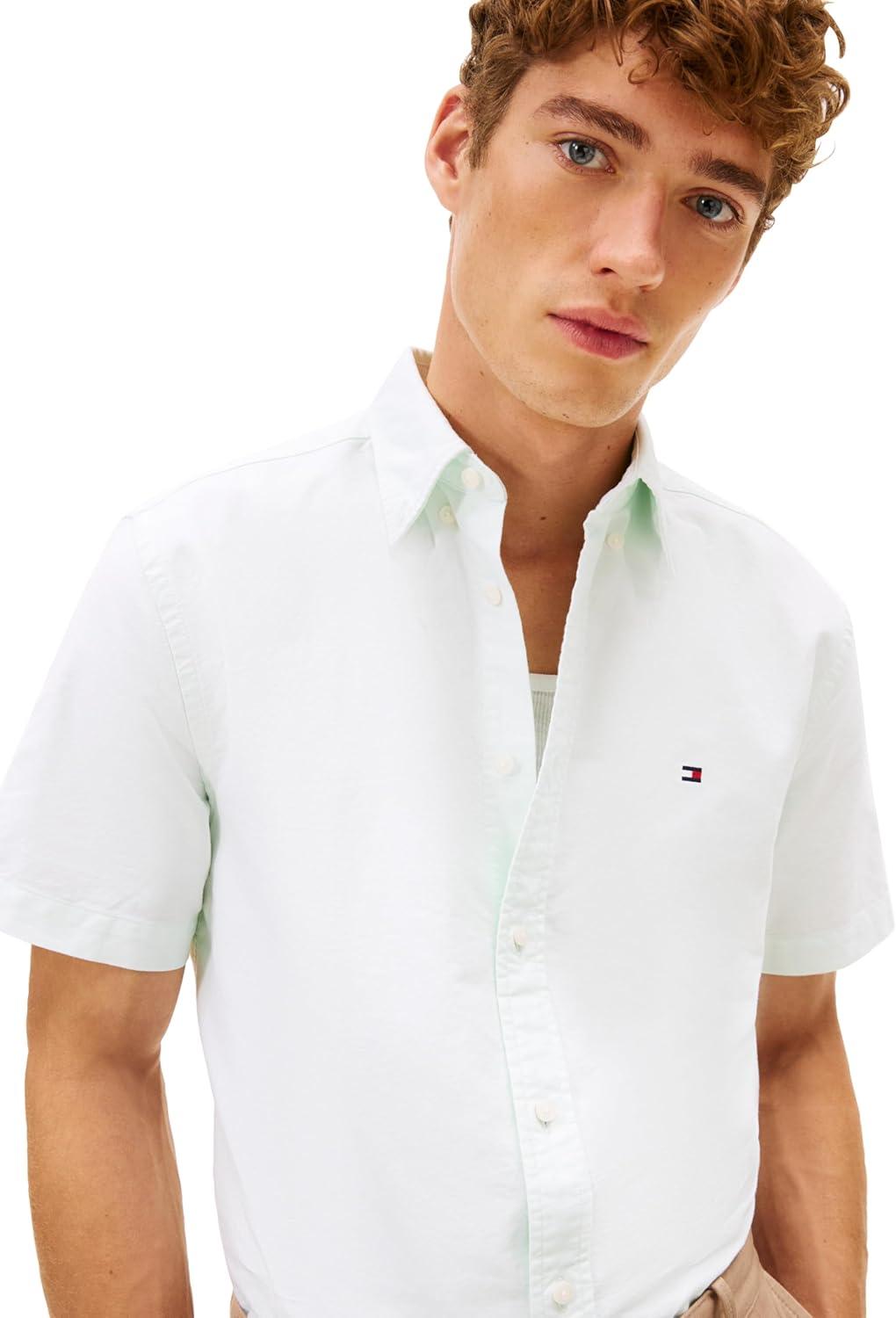 imageTommy Hilfiger Mens Short Sleeve Oxford Shirts in Regular Fit Mens Button Down ShirtsOpal Green