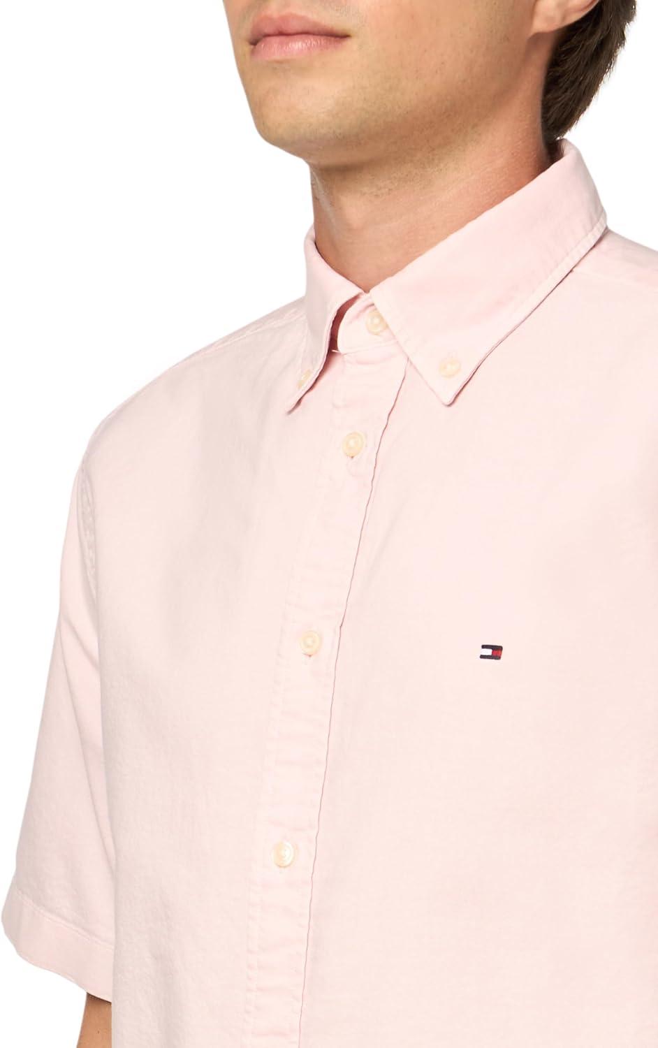 imageTommy Hilfiger Mens Short Sleeve Oxford Shirts in Regular Fit Mens Button Down ShirtsPink Lily