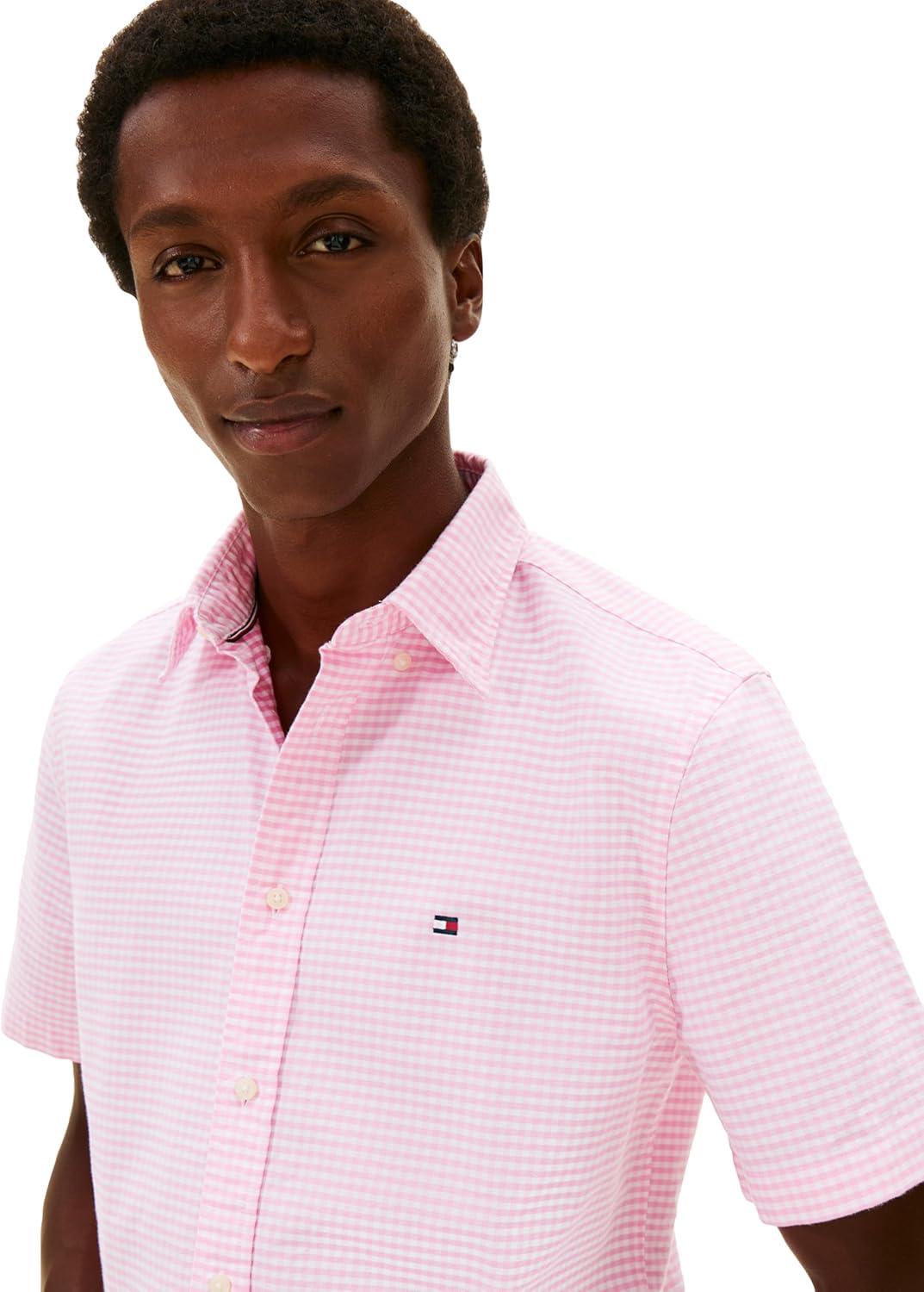 imageTommy Hilfiger Mens Short Sleeve Oxford Shirts in Regular Fit Mens Button Down ShirtsRose Petal Check