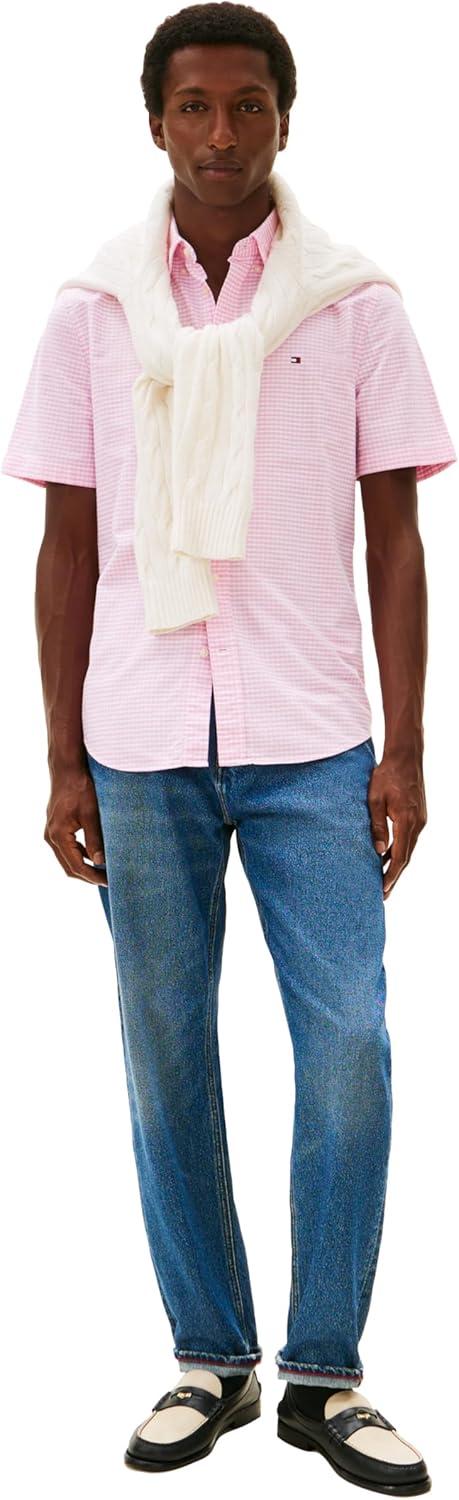 imageTommy Hilfiger Mens Short Sleeve Oxford Shirts in Regular Fit Mens Button Down ShirtsRose Petal Check