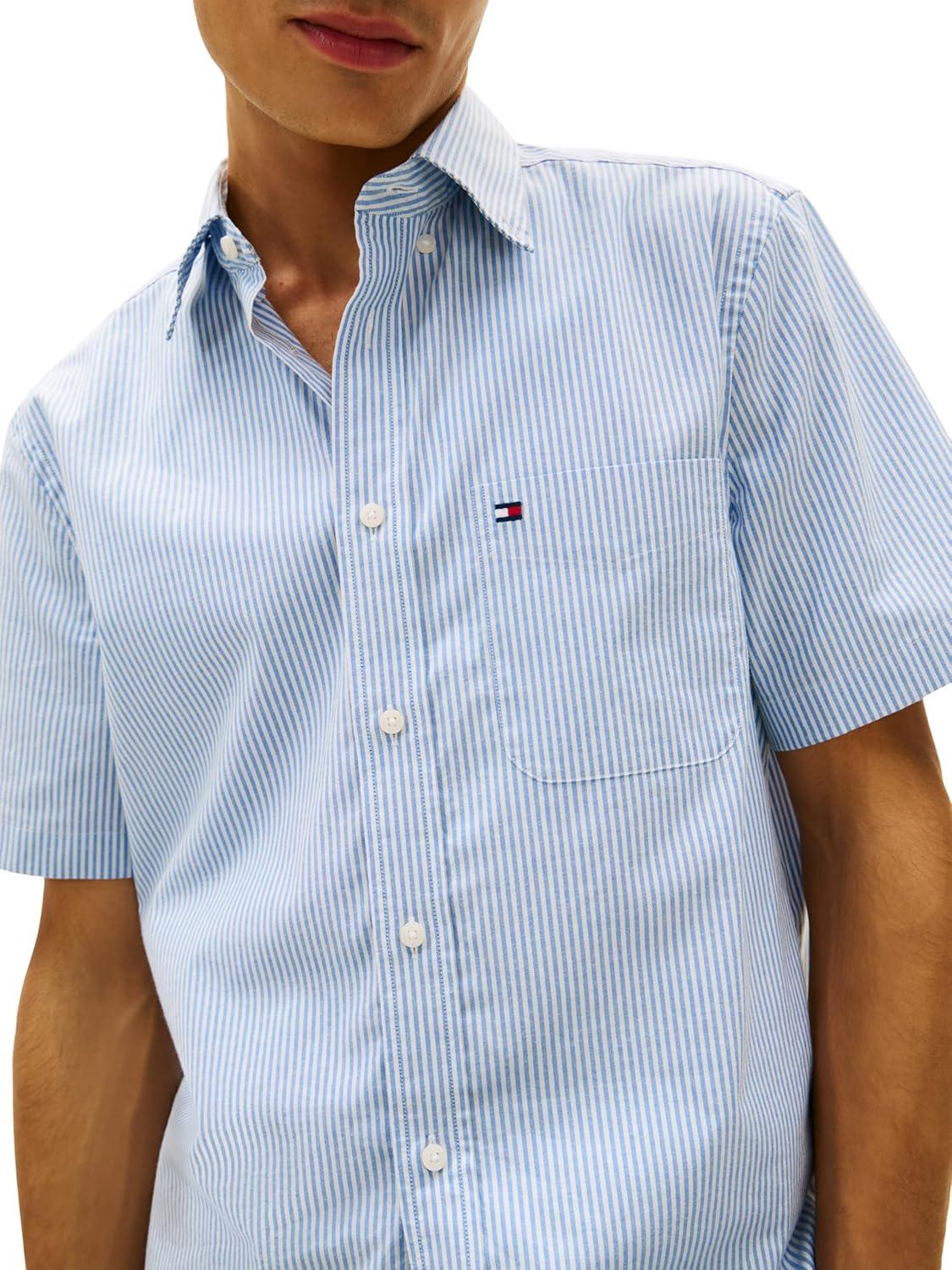 imageTommy Hilfiger Mens Short Sleeve Oxford Shirts in Regular Fit Mens Button Down ShirtsShirt Blue Stripe