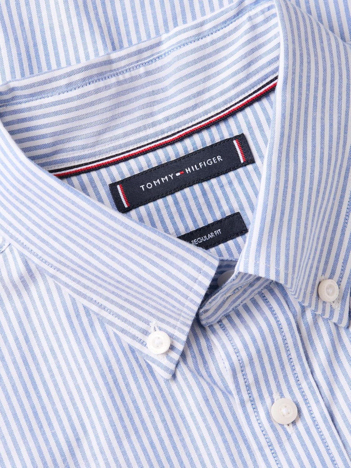 imageTommy Hilfiger Mens Short Sleeve Oxford Shirts in Regular Fit Mens Button Down ShirtsShirt Blue Stripe