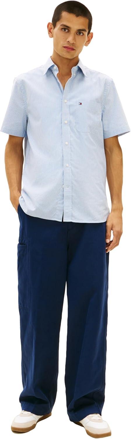 imageTommy Hilfiger Mens Short Sleeve Oxford Shirts in Regular Fit Mens Button Down ShirtsShirt Blue Stripe