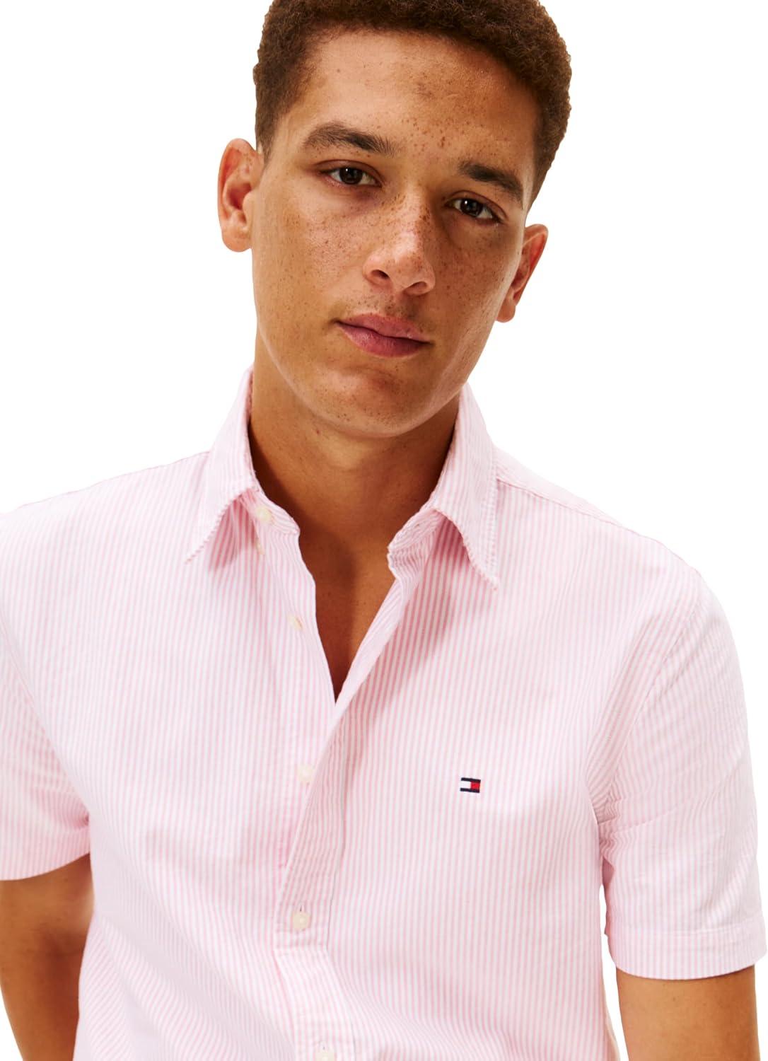 imageTommy Hilfiger Mens Short Sleeve Oxford Shirts in Regular Fit Mens Button Down ShirtsVintage Red Stripe