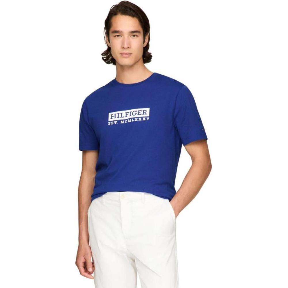 imageTommy Hilfiger Mens Short Sleeve Cotton Graphic TShirts with Printed Logo Also Available in Big amp TallWedge Blue